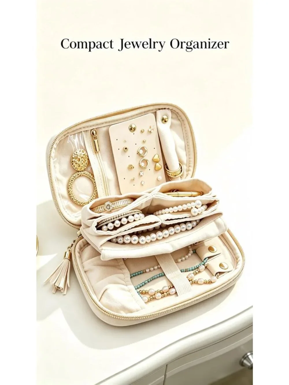 Travel Jewelry Organizer Case, Ultra-Slim Soft Pouch for Accessories - Oatmeal